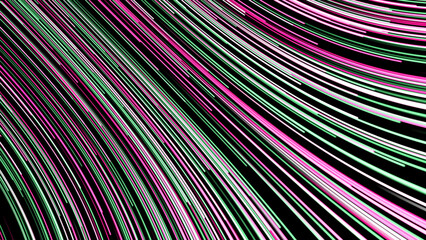 Colorful geometric abstract motion background. Animation. Bright thick stripes flying. Abstraction of multicolored lines rapidly moving in rows on the black background.