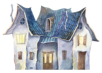 Cozy old town view. Cartoon curved roof with lighten windows and old wooden doors and shutters. Watercolor hand painted illustration on white background