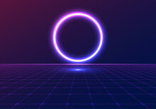 Pink Purple Neon Glow Circle Floating Ring And Grid Floor Retro Future Cyberpunk Abstract Background