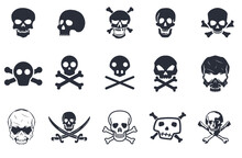 Skeletons. Large Set Of Skulls, Bones And Pirate Symbols. 15 Skull And Bone Silhouettes In One Set.
