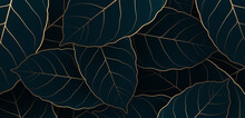 Luxury Dark Blue Tropical Leaves Background With Golden Line. Elegant Nature Leaf Pattern Design. Hand Drawn Leaf Elements. Suit For Wallpaper, Print, Cover, Banner, Invitation, Poster, Backdrop