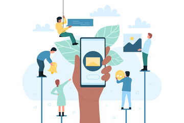 Social media communication and messenger notification. Cartoon hand holding mobile phone with chat app, tiny people with message bubbles, picture flat vector illustration. Network, application concept