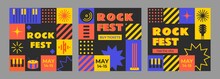 Flat Design Mosaic Rock Music Festival. Set Of Editable Template For Social Media, Event Poster, Flyer, Invitation, Cover, Banner. Summer Fest, Concept Of Live Music Festival.