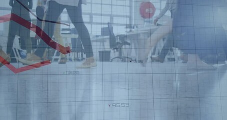 Sticker - Animation of financial graphs over legs of diverse businesspeople walking in office