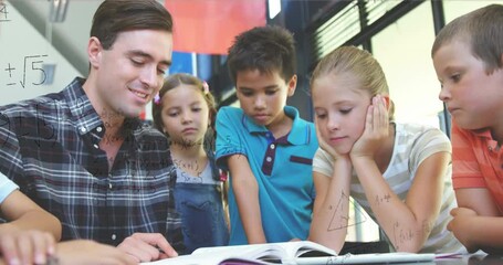 Wall Mural - Animation of math formulas over diverse pupils and male teacher learning at school