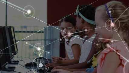 Poster - Animation of network of connections over happy diverse pupils using computers at school