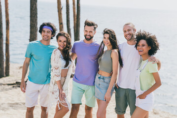 Wall Mural - Photo of cheerful good mood lovely company of best friends spend weekend together celebrate university graduation