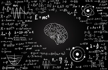Blackboard inscribed with human brain and scientific formulas and calculations in physics and mathematics. 