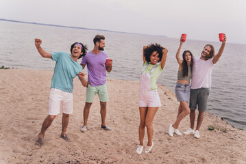 Wall Mural - Full body photo of overjoyed funny people enjoy alcohol drinks dancing free time outside