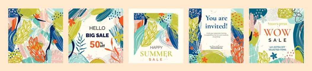 Set of sale banner design template in summer colors. Backgrounds for social networks. Vector illustration.