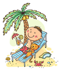 Leinwandbilder - Cartoon drawing child sunbathing at the beach under a palm tree