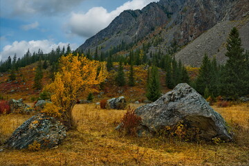 Wall Mural - Russia. South of Western Siberia, the Altai Mountains. Single huge fragments of rocks that fell from the tops of inaccessible mountains, in a colorful autumn frame.