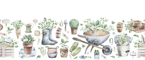 Gardening illustration. Watercolor seamless border of gardening hobby. Planting seedlings, plants. Gardening items.