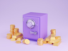 Safe Box With Money 3d Render - Illustration Of Closed Purple Strongbox Surrounded By Pile Of Gold Coins And Ingots.
