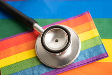 Black Stethoscope With Rainbow Flag Heart On White Background, Symbol Of LGBT Pride Month  Celebrate Annual In June Social, Symbol Of Gay, Lesbian, Bisexual, Transgender, Human Rights And Peace.
