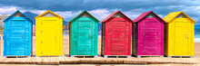 Spanish Beach Huts Panoramic View With Bright Colours With Red Green Blue Yellow Purple