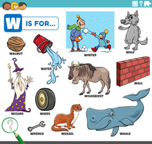 Letter W Words Educational Set With Cartoon Characters