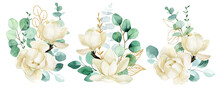 Watercolor Drawing. Set Of Bouquets With White Magnolia Flowers And Eucalyptus Leaves And Golden Leaves And Splashes