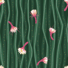 Seamless Pattern Of Princess Of The Night Or Queen Of The Night, Cactus Variety. It Blooms Rarely And Only At Night, And Its Flowers Wither Before Dawn. Pattern For Fabric. Flat Vector Illustration.