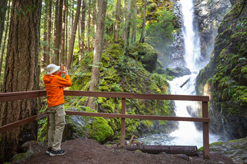 Sticker - Hiker near waterfall