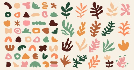 Wall Mural - Big set of various abstract shapes and plants in pastel colors. Hand drawn doodles. Modern fashion illustration. Flat design, cartoon drawing, vector.