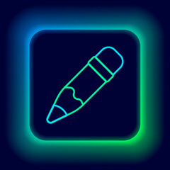 Poster - Glowing neon line Pencil with eraser icon isolated on black background. Drawing and educational tools. School office symbol. Colorful outline concept. Vector