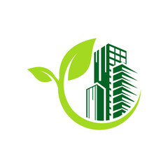Wall Mural - green leaf building environment logo design vector
