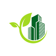 Wall Mural - green leaf building environment logo design vector