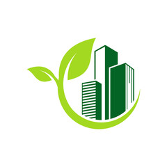 Wall Mural - green leaf building environment logo design vector