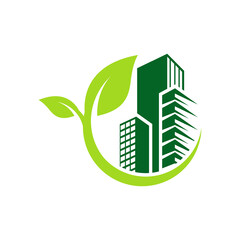 Wall Mural - green leaf building environment logo design vector