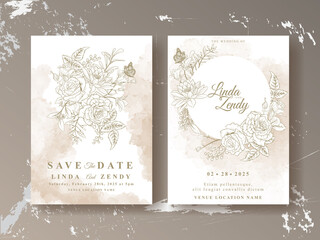 Wall Mural - Elegant floral line art wedding invitation card template