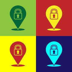 Sticker - Pop art Location lock icon isolated on color background. The concept of the house turnkey. Vector