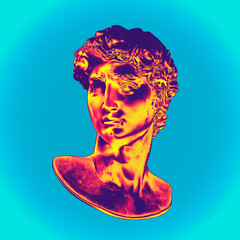 Wall Mural - Abstract digital illustration of solarized colorful effect of marble male classical bust sculpture from 3d rendering on turquoise background.