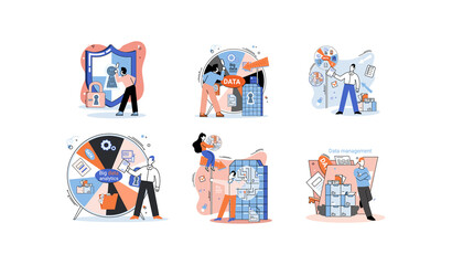 Big data analytics platform, data management and protection creative metaphor set abstract concept. Data center room disk infrastructure business information safety. Technology Internet and network