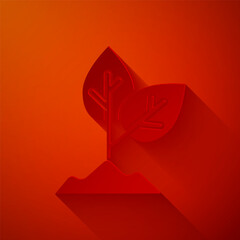 Poster - Paper cut Plant icon isolated on red background. Seed and seedling. Leaves sign. Leaf nature. Paper art style. Vector