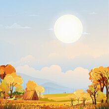 Autumn Rural Landscape In Evening Light With Sunset, Blue And Orange Sky Background,Vector Cartoon Fall Season Countryside With Forest Tree Pumpkin On Grass Field With Sunrise,Autumn Harvest Festival