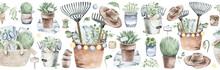 Gardening Illustration. Watercolor Seamless Border Of Gardening Hobby. Planting Seedlings, Plants. Gardening Items.