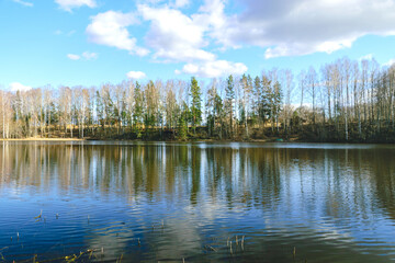 Wall Mural - spring landscape with reflections of lakes, clouds and trees on a calm water surface