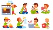 © VectorBum - Children dangerous situation. Kids in risk. Boys and girls playing with unsafe objects. House mistakes. Babies curiosity. Beware of electricity and fire. Vector little people actions set