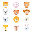 Cute animals portraits set for children card. Tiger, lion, panda, bunny, fox, cat, dog and other. Happy animal faces collection. Vector illustration isolated on white background.