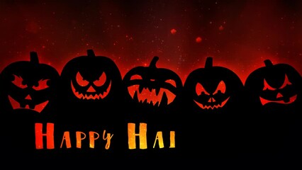 Wall Mural - Happy Halloween Jack O Lantern Silhouette 4K Loop features the silhouette of five Jack O Lanterns with and orange particle background and Happy Halloween text animating in a loop