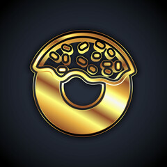 Sticker - Gold Donut with sweet glaze icon isolated on black background. Vector