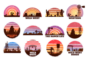 Retro wild west sunset. Western ranch silhouette, Texas nature morning landscape and desert with cactuses vector illustration set