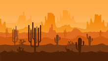 Texas Desert Sunset. Arizona Landscape, Valley Of Cacti With Mountains Silhouettes Background Panoramic Vector Illustration