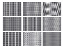 Perforated Steel. Grill Texture, Stainless Steel Plate With Perforation Holes And Metallic Grid Background Vector Set