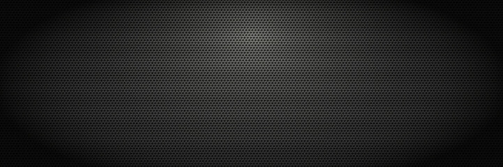 Perforated metal. Dark sheet plate with perforation holes, black metallic vector background