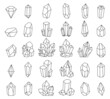 Mineral crystal. Jewel sapphire gems, crystallised minerals and quartz crystals line icons vector set