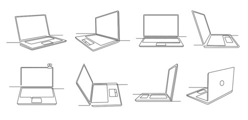 Wall Mural - One line laptop. Notebook computer gadget with empty screen, keyboard and touchpad. Continues line open laptops vector Illustration set