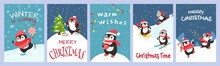 Christmas Penguin Greeting Card. Winter Is Coming, Warm Wishes And Merry Christmas Cards With Playing Penguins Cartoon Vector Set