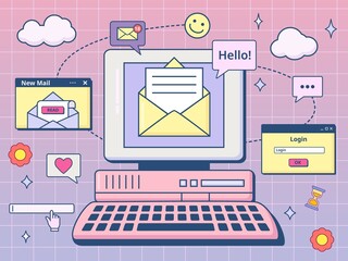 Retro ui mail. Email mailbox with envelope on 90s computer screen, internet nostalgia vector illustration